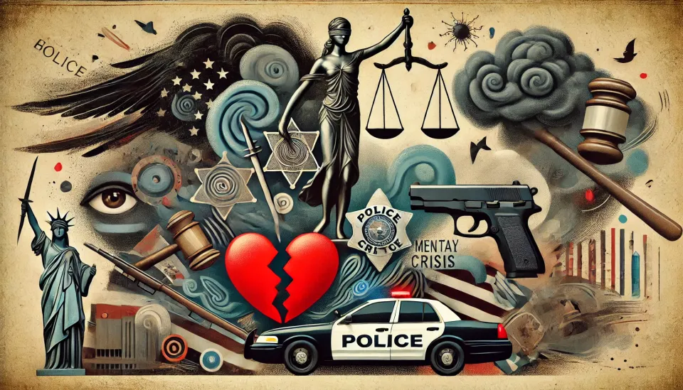 A chaotic photo illustration with images of a police car, a handgun, a gavel, lady liberty and lady justice.