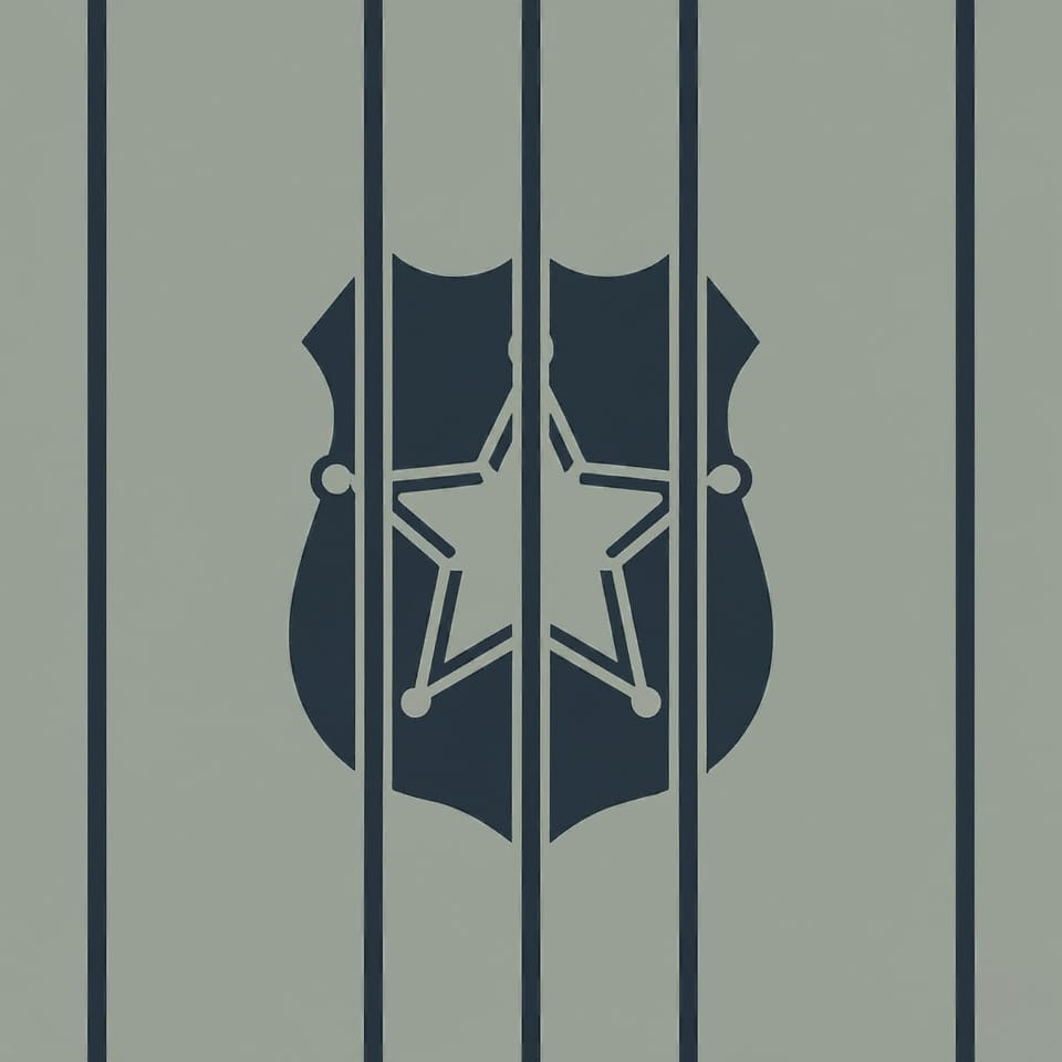 A silhouette of a navy police badge behind navy bars against an olive green background.